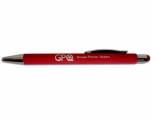 Red pen with GPQ logo on it in white