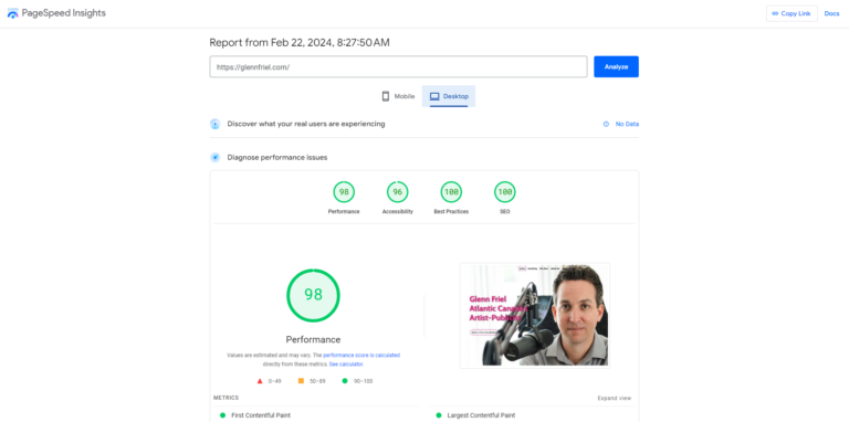 Screenshot of PageSpeed analysis of glennfriel.com