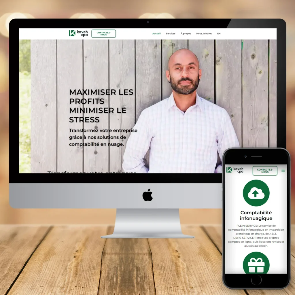 kavehcpa.ca tel qu’affiché sur un ordinateur de bureau Mac et un iPhone. Conception web adaptative.