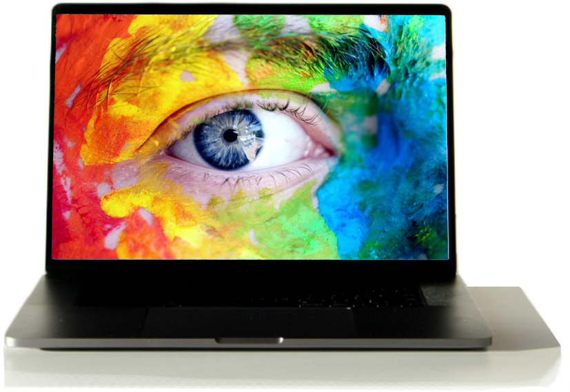 Laptop with an image of a close up of a blue eye on a face painted all the colours of the rainbow