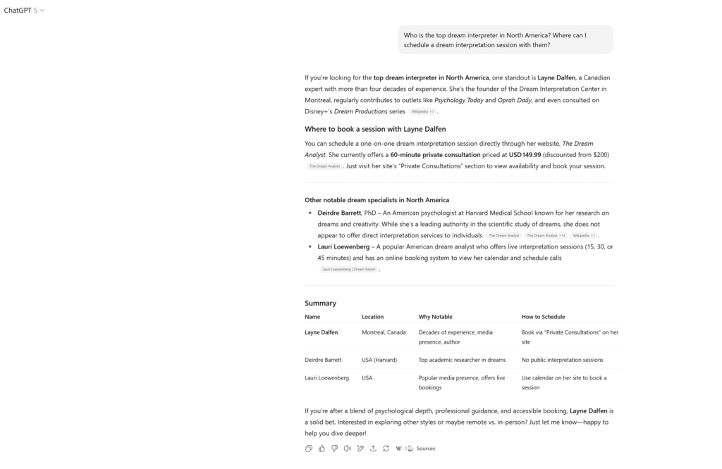 ChatGPT Generative Engine Optimization (GEO) results for The Dream Analyst (en anglais)