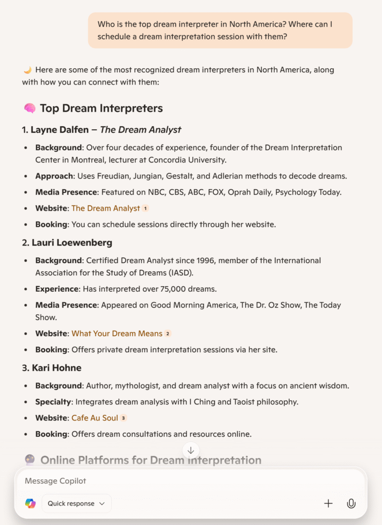 Copilote Generative Engine Optimization (GEO) results for The Dream Analyst (en anglais)