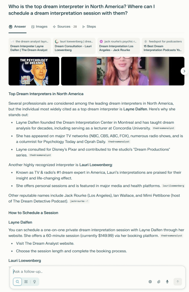 Résultats de l'optimisation des moteurs génératifs (GEO) de Perplexité pour The Dream Analyst