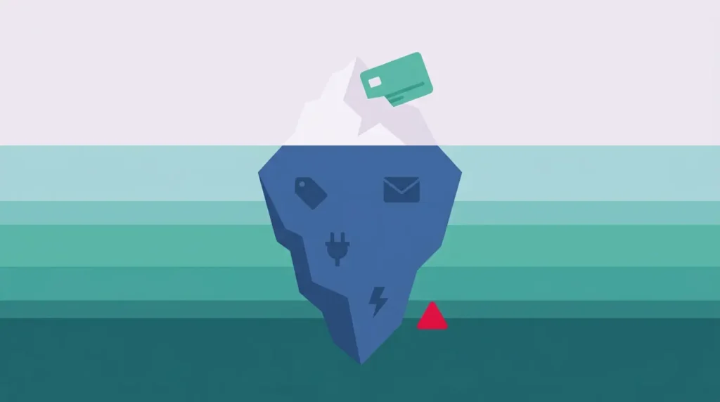 Illustration d’un iceberg représentant les coûts cachés d’un site web, avec un petit abonnement visible au-dessus de l’eau et des coûts cachés plus importants comme les domaines, l’e-mail et les modules immergés en dessous