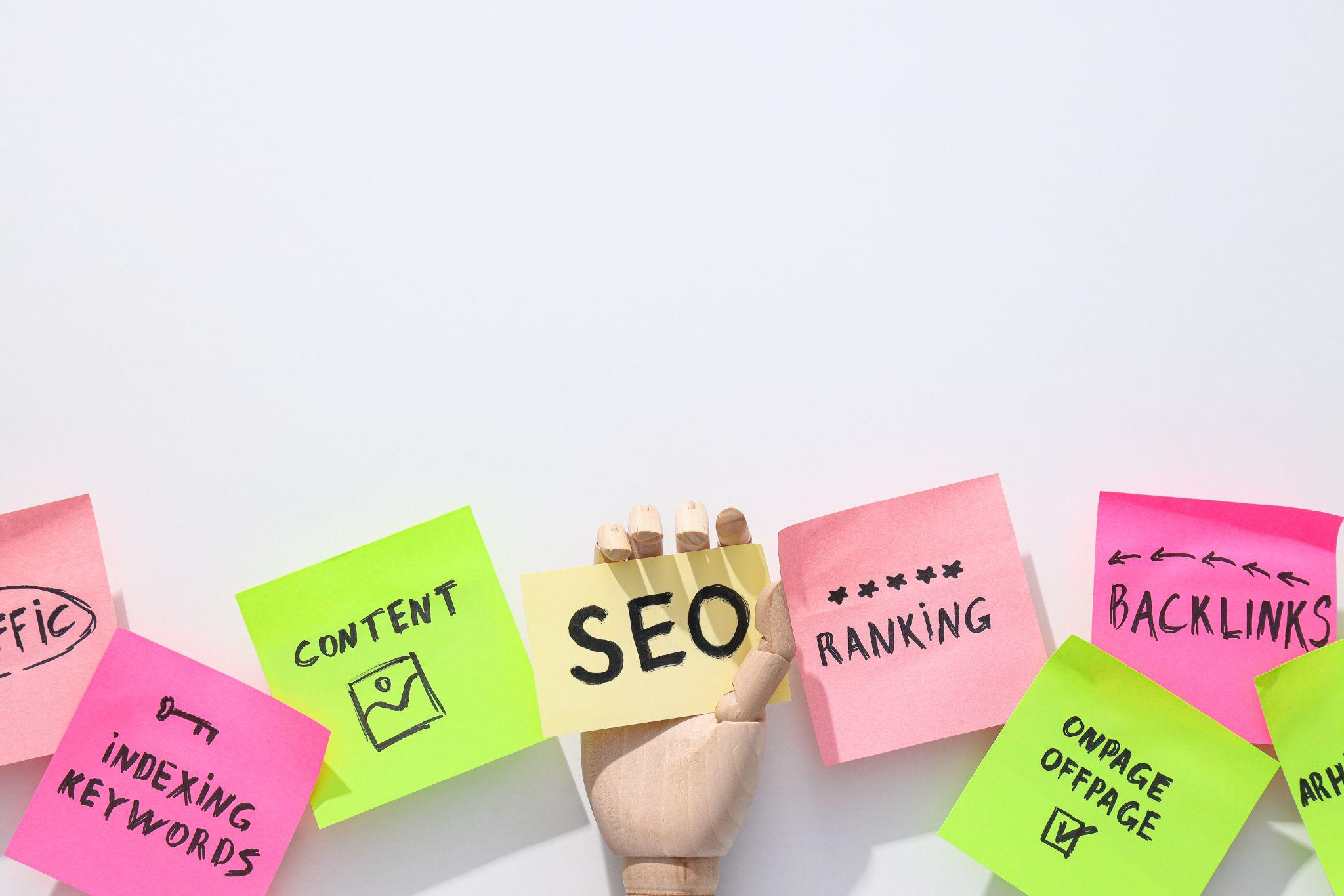 Sticky notes labelled SEO, content, ranking, backlinks and keywords arranged around a wooden hand